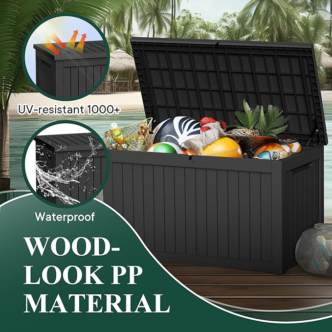 230 Gallon Outside Storage Box, Resin All Weather Storage Cabinet, Large Deck Box for Garden Tools, Patio Furniture, Sports Equipment, Black