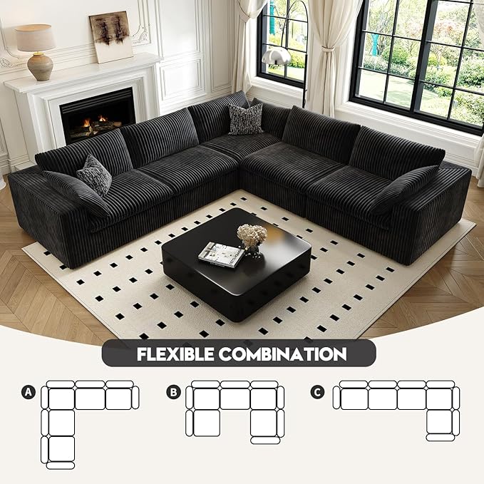 118" Cloud Couch Oversized Modular Sectional Sofa for Living Room,Modern Sofa with Deep Seat，V Shaped Boneless Couch,Comfy Upholstered Corduroy Couches for Apartment, Studio, Office,Bedroom，Black