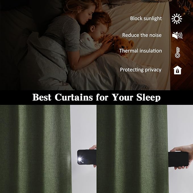 RAIN CITY Extra Wide Linen Blackout Curtains & Drapes with Hooks 70 in Width for 60&72 Inch Window 2 Panels,Back Tab Pleated Curtains for Track System Sliding Glass Door 70x102,Loden Olive Green