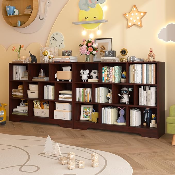 Book Shelf, 10 Cubes Storage Organizer, 3-Tier Open Shelf Wooden Bookcase, Freestanding Cherry Bookshelf Cube Shelf for Living Room