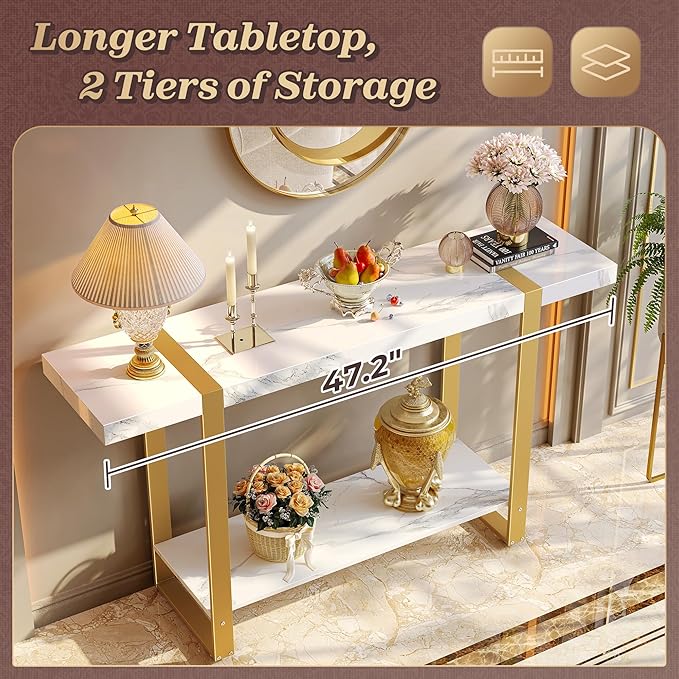 Huuger 47.2 Inch Entryway Table with Marble Top, 2-Tier Modern Console Sofa Table with Storage, Accent Table, for Entry, Hallway, Entrance, Foyer, T-Shaped Metal Frame, White Marble & Gold