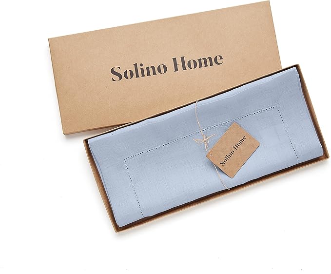 Solino Home Linen Sky Blue Table Runner 36 Inches - Classic Hemstitch, 100% Pure Linen Coffee Table Runner 14 x 36 Inch Ideal for Dresser Tables