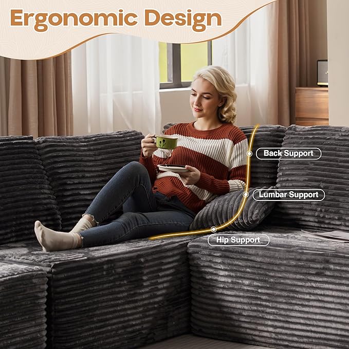 Cloud Sectional Couches for Living Room,U Shaped Modular Sofas No Assembly,135x107 Inches Plush Corduroy Oversized Floor Couch Set with Deep Seat Chaise,Grey
