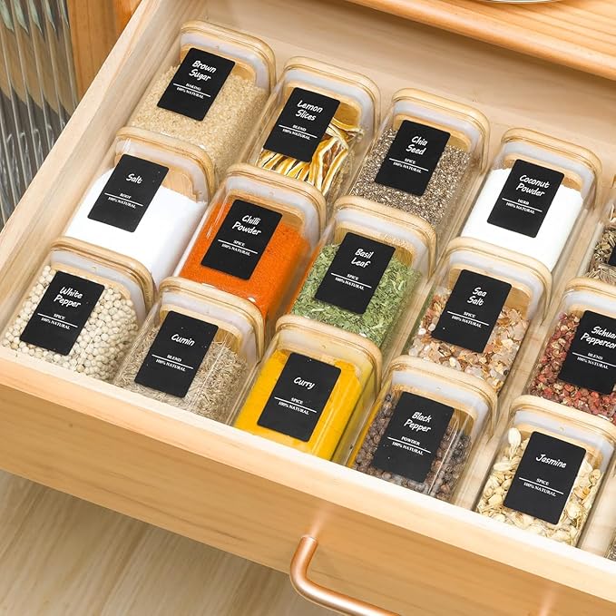 ComSaf Spice Jars with Labels 6 oz 12Pack, Small Spice Containers Starter Set, Glass Seasoning Jars with Lids, Square Seasoning Containers for Salt, Pepper, Chili Powder, Sugar, Ginger Ground, Cumin
