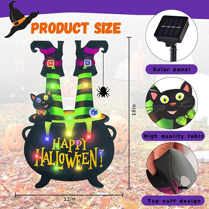 Halloween Lighted Garden Flag for Outside, Witch Feet Shape Flag Yard Decor, 8 Modes 28x40 Double Sided Cauldron Eyeball Black Cat Outdoor Hlloween Decorations for Home Porch（Multi Colored-28x40）