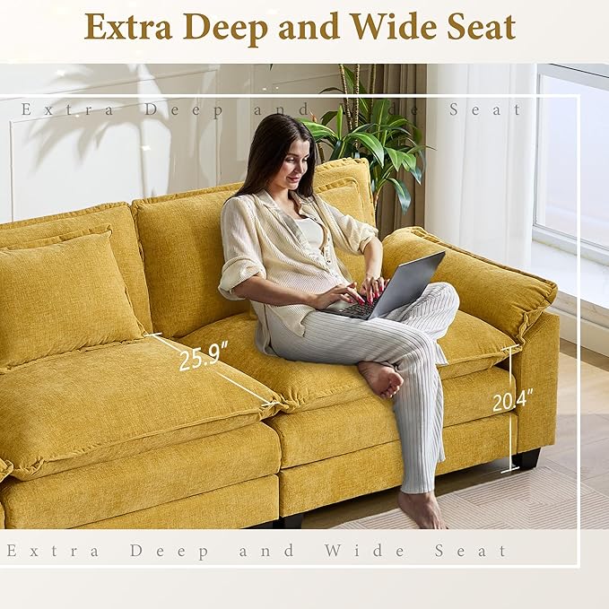 URRED Modular Sectional Sofa Comfy Cloud Couch, Modern Chenille Sofa Sleeper Deep Seat Couches with Ottoman/Pillows for Living Room (Yellow, 117''- L Shape)
