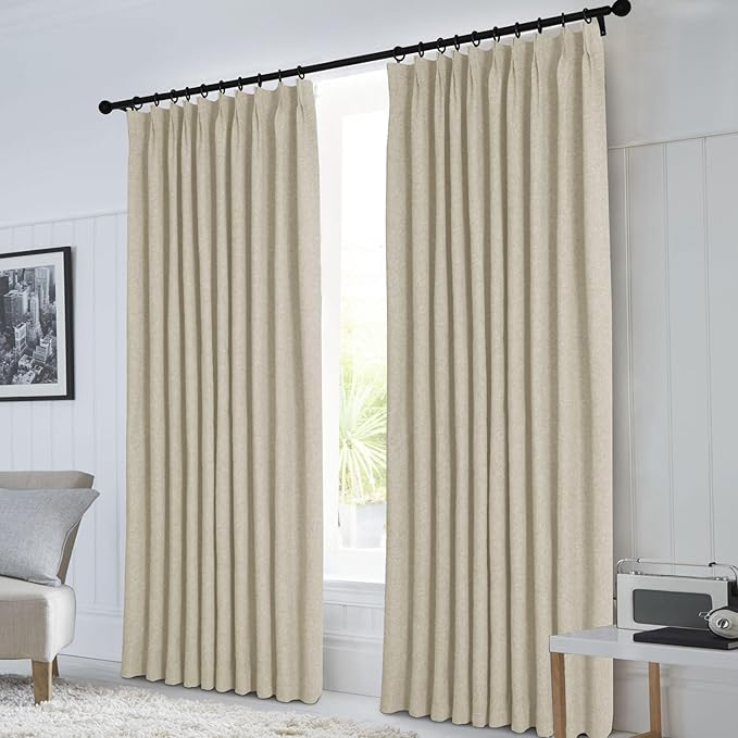 Macochico 100”Wx96”L Pinch Pleated 100% Blackout Linen Curtains Thermal Sliding Curtains for Bedroom Living Room Sliding Glass Door Farmhouse Shabby Chic Beige Drapery with Tieback 1 Panel