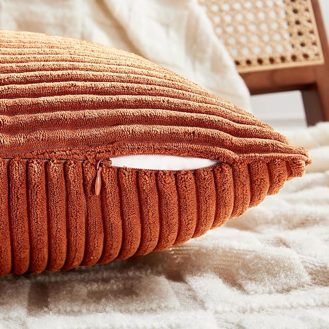 Fancy Homi Set of 2 Burnt Orange Decorative Throw Pillow Covers 26x26 Inch for Living Room Couch Bed, Boho Farmhouse Fall Home Decor, Soft Corss Corduroy Patchwork Textured Cushion Case 66x66 cm