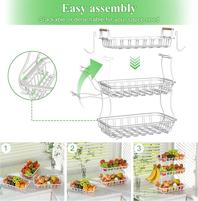 3 Tier Fruit Basket with 2 Banana Hooks, Large Capacity Multifunctional Detachable Sturdy Fruit Bowl with Wooden Handle Mesh Top for Kitchen Counter, for Bread Snacks Vegetables Produce, White