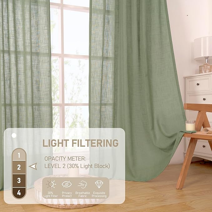 LAMIT Sheer Linen Curtains 63 inches Long for Bedroom, Bronze Grommet Linen Drapes Light Filtering Semi Sheer Curtains for Small Window/Farmhouse, 2 Panels (52 x 63 Inch, Sage Green)