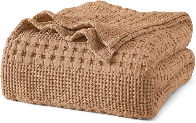 PHF 100% Cotton Waffle Weave Blanket Queen Size, Soft Lightweight Breathable Cozy Summer Blankets for Bed, Luxury Aesthetic Woven Bedding for Home Decor, 90"x90", Camel