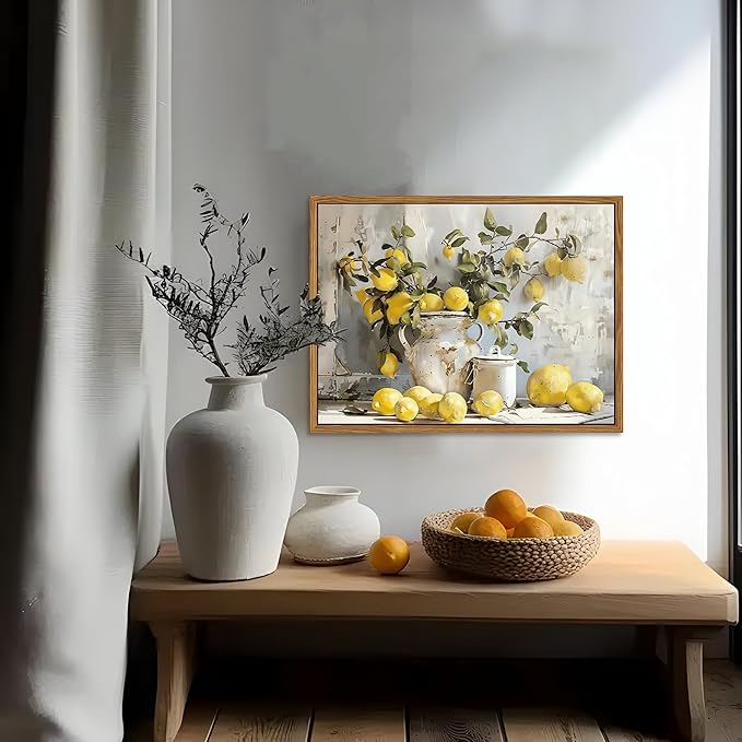 Framed Lemon Kitchen Wall Decor for Dining Room - Vintage Mustard French's Yellow Lemon Kitchen Wall Art, Rustic Oil Paintings Posters Prints for Bathroom Living Room Bedroom 8x10 inch
