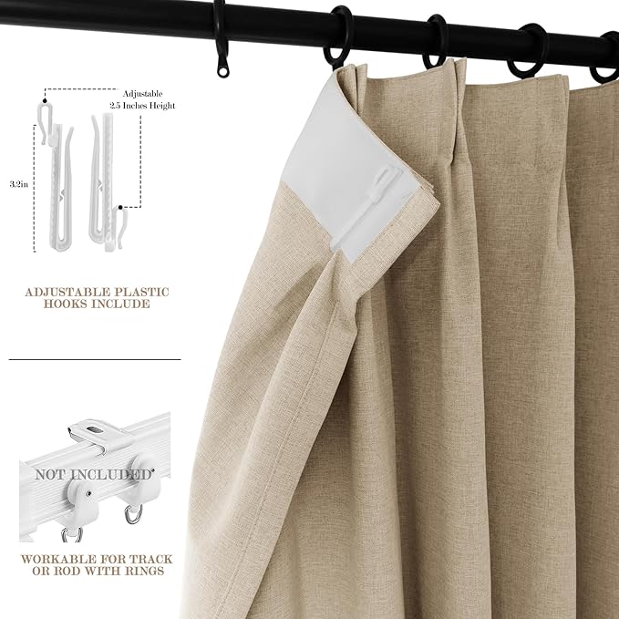 120" Wx102 L Linen Room Divider Drapes for Doorway/Glass Window/Sliding Door/Patio, Extra Wide Pinch Pleated Full Blackout Curtains for Girls Boys Teen Kids Room, 1 Panel, Sand Beige