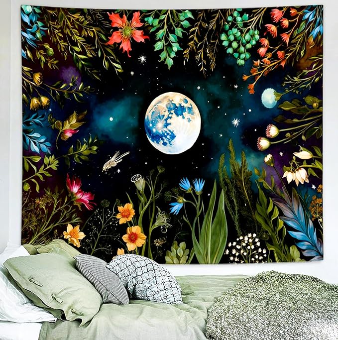 Delur Moonlit Garden Tapestry Boho Moon Floral Plant Tapestry Wall Hanging Colorful Flower Botanical Nature Night Landscape Headboard for Bedroom Living Room Home Decor (59.1" x 78.7")
