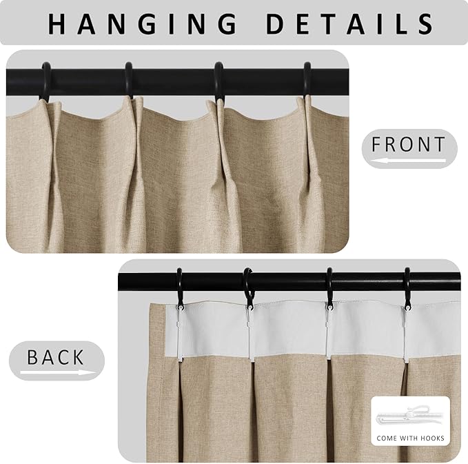 Macochico 100”Wx102”L 100% Blackout Pinch Pleated Linen Curtains for Sliding Door Bedroom Living Room Farmhouse Thermal Insulated Sand Beige Burlap Drapes with Tieback 1 Panel Shabby Chic Style