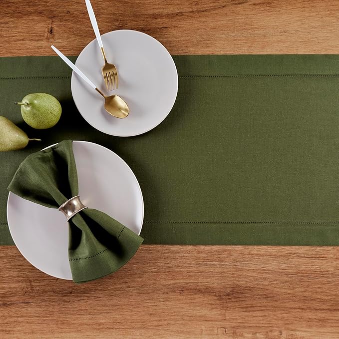 Solino Home Linen Table Runner 48 Inches - 100% Pure Linen Olive Hemstitch Table Runner 14 x 48 Inch Ideal for Dresser and Coffee Tables - Classic Hemstitch - Thanksgiving