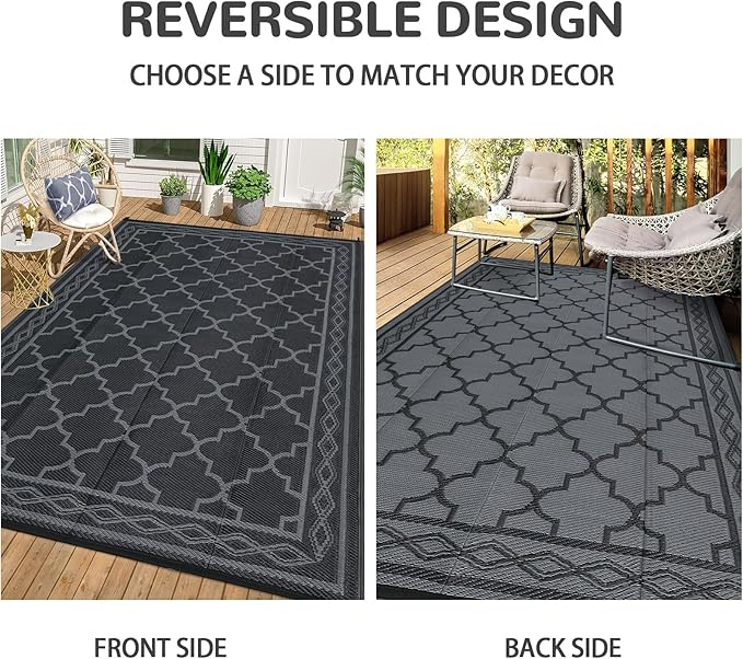 GAOMON Outdoor Rug Waterproof 8'x10', Reversible Outdoor Plastic Straw Rug, Boho Patio Rug, Indoor Outdoor Carpet, RV Mat Outside for Patio, Camp, Picnic, Balcony, Deck, Black/Grey(Geometric)