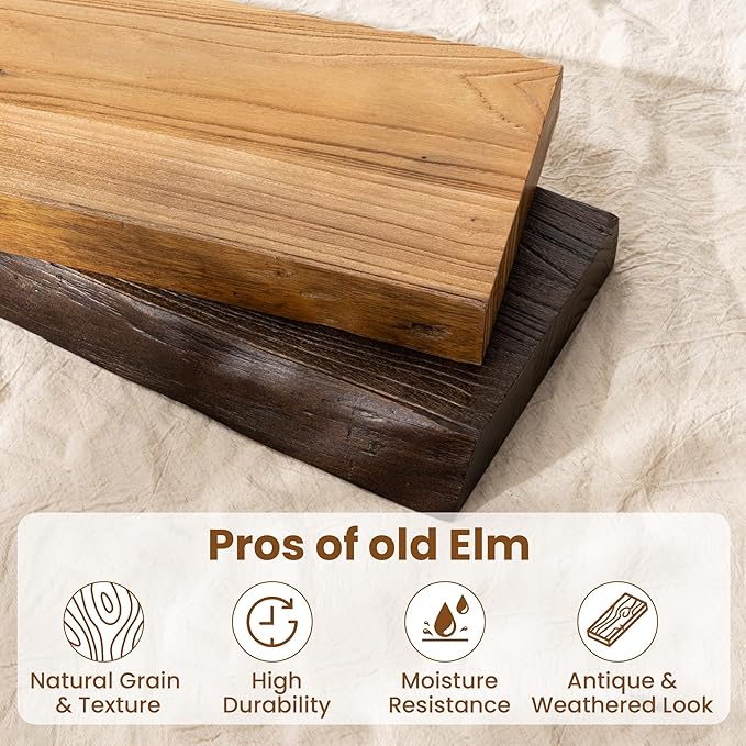 Fun Memories 48" Floating Shelves for Wall, Live Edge Solid Elm Wood Floating Shelf with Invisible Bracket, Wall Mounted Display Wooden Shelves for Bathroom, Kitchen, Bedroom, Walnut Color, Set of 1