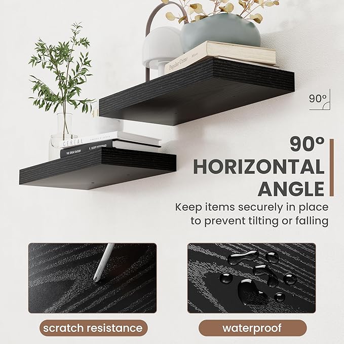 40 Inch Floating Shelves, 8 Inch Deep Floating Shelves for Wall, Hanging Shelf with Invisible Brackets, Deep Shelves for Bathroom, Bedroom, Living Room, Black, Set of 2