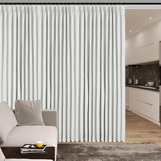 100" W x 96" L Faux Linen Room Divider Curtains, Full Blackout Pinch Pleated Drapes for Traverse Rod, Bedroom Divider Privacy Drapery with Hooks for Ceiling Track, 1 Panel, Greyish White