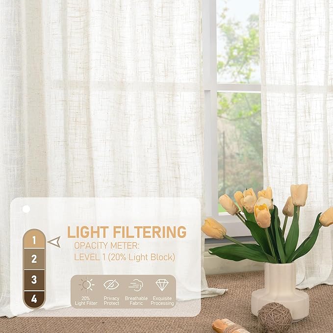 LAMIT Linen Curtains 108 Inches Long for Living Room, Bronze Grommet Linen Textured Sheer Curtains Light Filtering Panels for Boho Farmhouse, 2 Panels, 52 x 108 Inch, Cream