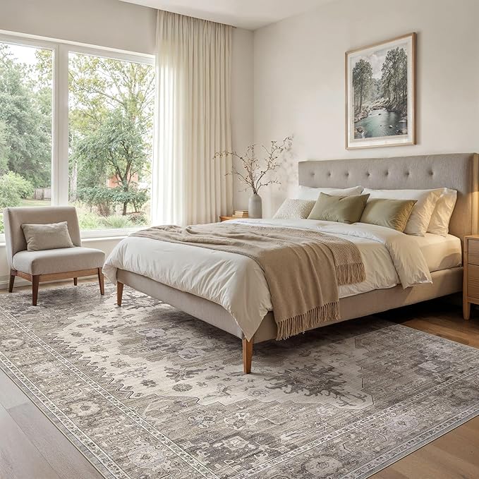 Washable Area Rugs for Living Room -8x10 Neutral Vintage Distressed Floral Farmhouse Boho Large Soft Floor Rug Indoor Non Slip Carpet for Living Room Bedroom Dining Room Office-Brown/Beige