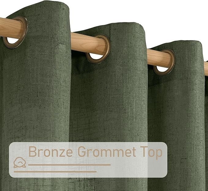 LAMIT 45 Inch Short Window Linen Curtains, Light Filtering Panels Bronze Grommet Room Decor Drapes for Small Windows/Bathroom/Loft Room, Olive Green, 2 Panels, 34 x 45 Inch
