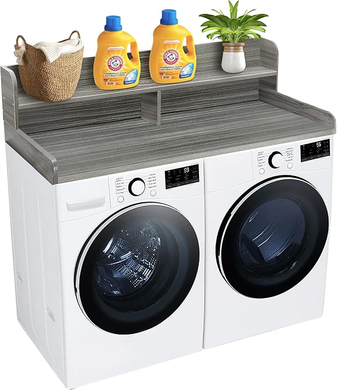 Royxen Laundry Countertop with 2-tier Shelf Universal Fit, Washer and Dryer Countertop with Storage Space, Shelf Height 11.5 Inches, Solid Wood, Eucalyptus