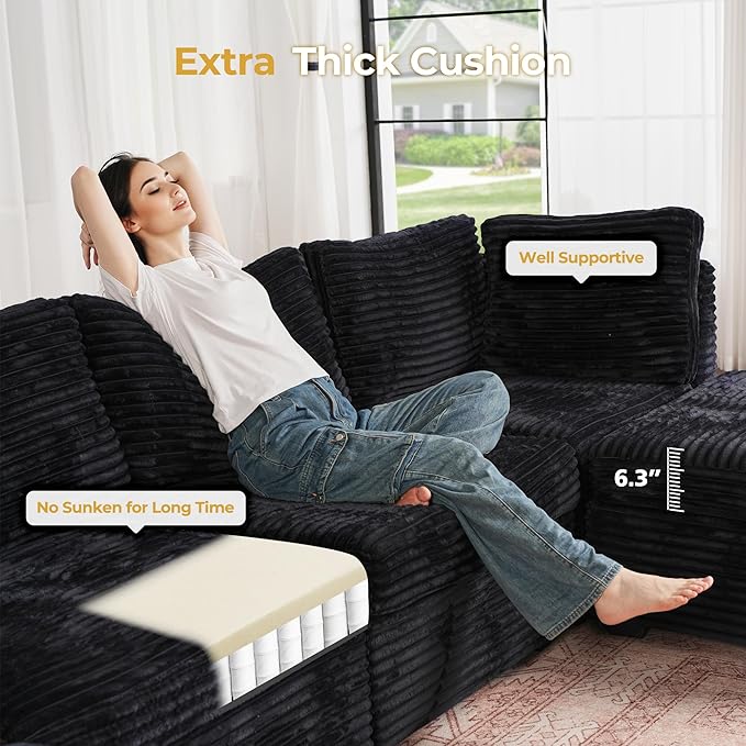 HOOOWOOO Modular Sectional Sofa,8 Pieces Sectional Couches for Living Room,131X98 G Shaped Cloud Couch with Ottoman Chaise(Black Velvet Corduroy)