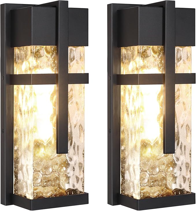 Hammered Glass Wall Lamp, Outdoor Light Fixtures, Exterior Wall Lantern for Porch with Waterproof, 2 Pack Wall Sconce Lighting, Wall Mount Light, Porch Light for Garage, Doorway, Patio(Bulb Included)