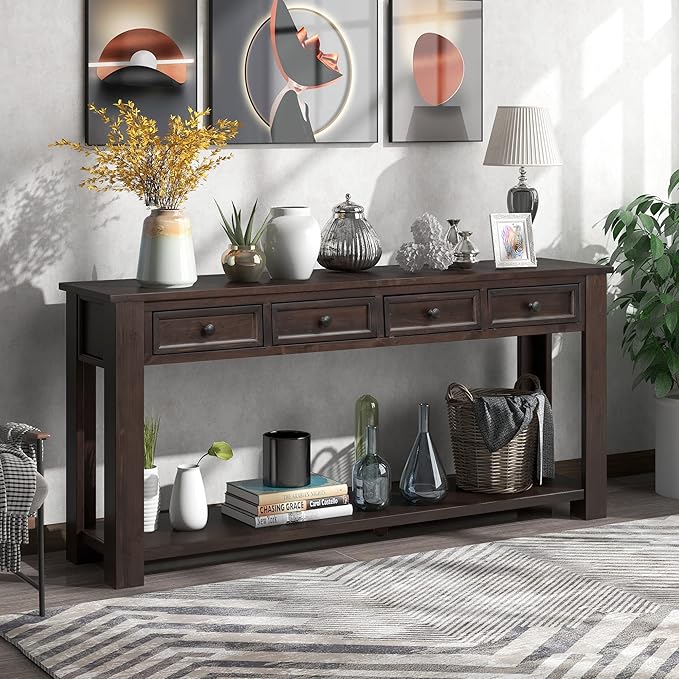 63" Solid Wood Console Table Sofa Table with Storage Drawers and Bottom Shelf,Farmhouse Entryway Table for Hallway Foyer,Sofa Couch Table,Fully Assembled (63" Espresso)