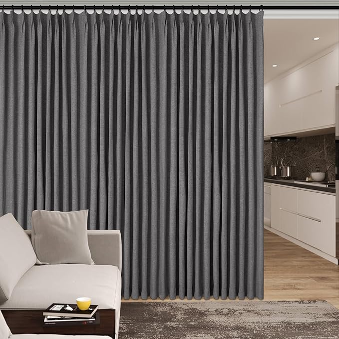 100% Blackout Linen Textured Drapes for Bedroom Pinch Pleated Curtains for Track System Portable Drapery for Sliding Glass Door/Storage/Space Room Divider, 70" Wx84 L, 1 PC, Natural Grey