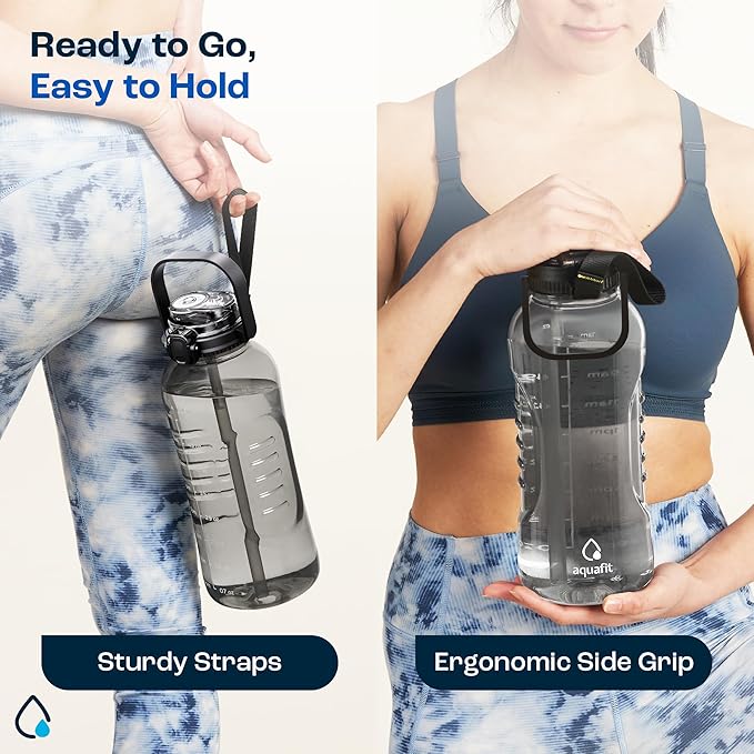 AQUAFIT 64 oz Water Bottle with Time Marker - 2in1 Straw & Chug Lid - BPA Free Big Water Bottle with Straw - Gym Water Bottle with Strap - Water Jug (64 Ounces, Blue)