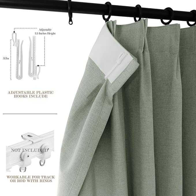 100% Blackout Linen Textured Drapes for Bedroom Pinch Pleated Curtains for Track System Portable Drapery for Sliding Glass Door/Storage/Space Room Divider, 70" Wx84 L, 1 PC, Fog Green