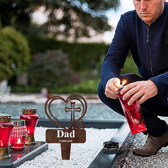 Dad Memorial Grave Stake, Cemetery Decorations for Grave Markers 12.5 x 7.2 inch Heart Metal Sympathy Stakes Graveside Plaque Decor Sign for Father Graves, Yard, Garden - Rust-Dad