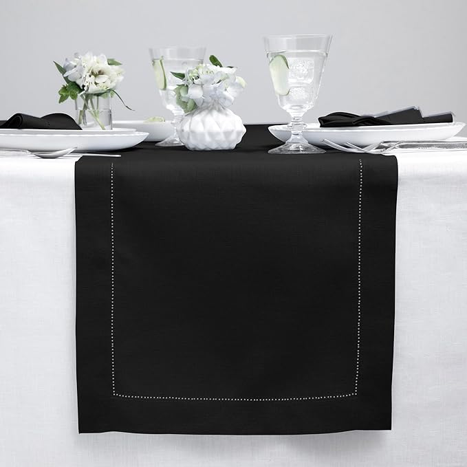Solino Home Linen Black Table Runner 36 Inches - Classic Hemstitch, 100% Pure Linen Coffee Table Runner 14 x 36 Inch Ideal for Dresser Tables - Fall, Autumn, Halloween, Thanksgiving