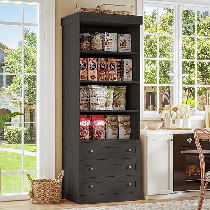 Vyre 71" Tall Farmhouse Bookshelves with Drawers, Set of 3 – Large Modular Bookcase with Adjustable Shelves, Storage Cabinet for Living Room, Kitchen, Home Office, Black