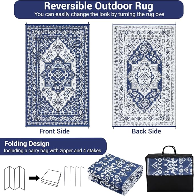 GAOMON Patio Rugs Outdoor 8x10 Waterproof Reversible Plastic Straw Rug, Large UV-Resistant Portable RV Camping Mats, Indoor Outdoor Medallion Carpet for Deck Porch Garden, Dark Blue & White