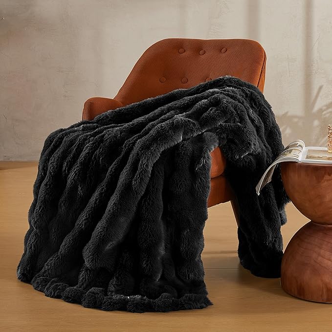 JELLYMONI Faux Fur Throw Blanket, Black for Couch, Fuzzy Cozy Plush Bubble Bed, Thick and Warm, Twin (60" x 80")