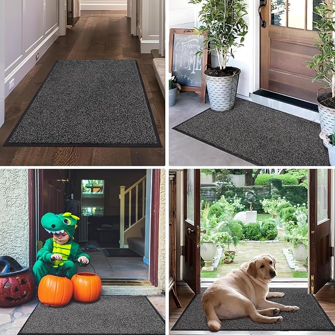 Mibao Front Door Mat, Dirt Trapper Welcome Mat for Outdoor Indoor, Non-Slip Waterproof Doormat, Durable Machine Washable Low Profile Entry Rug for Back Door Outside Patio Porch, 32" x 20", Grey