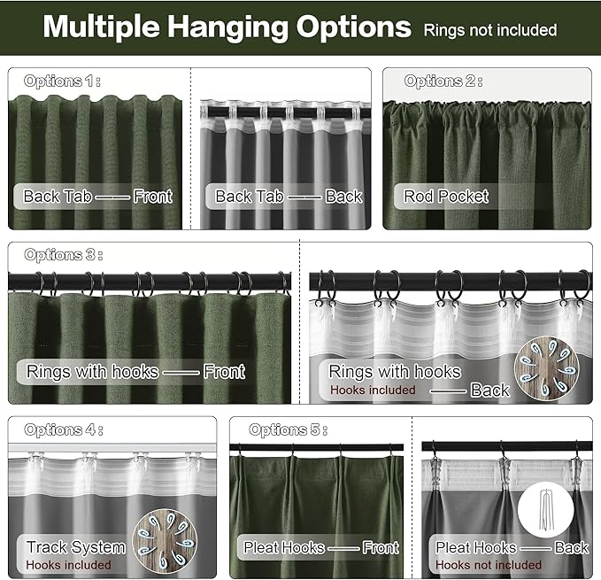 RAIN CITY Extra Wide Linen Blackout Curtains & Drapes with Hooks 70 in Width for 60&72 Inch Window 2 Panels,Back Tab Pleated Curtains for Track System Sliding Glass Door 70x96,Loden Olive Green