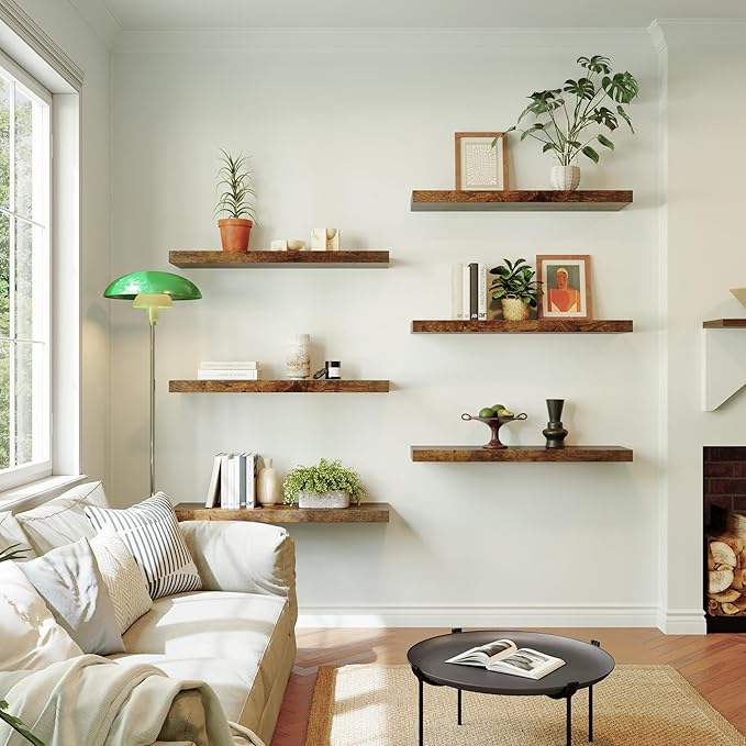 Large Floating Shelves for Wall Set of 3 Wooden Wall Shelves 24 in x 12.75 in x 2 in Room Decor Long Shelf with Invisible Wall Mount Bracket for Bedroom Kitchen Living Room Rustic Brown