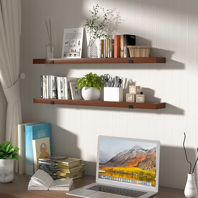 CONSDAN Floating Shelf for Wall Mounted Book Shelf Hanging Shelves Floating Bookshelf for Bedroom, Bathroom, Living Room, Kitchen USA Grown Solid Hardwood, Dark Maple 48x7.5x1.5 in