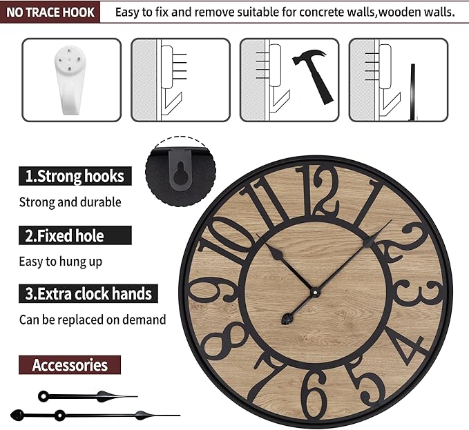 Large Wall Clock for Living Room Decor - Non-Ticking, Battery Operated Modern Vintage Wood Clock for Bedroom, Kitchen, Farmhouse, Office - Oversized Decorative Silent Clock