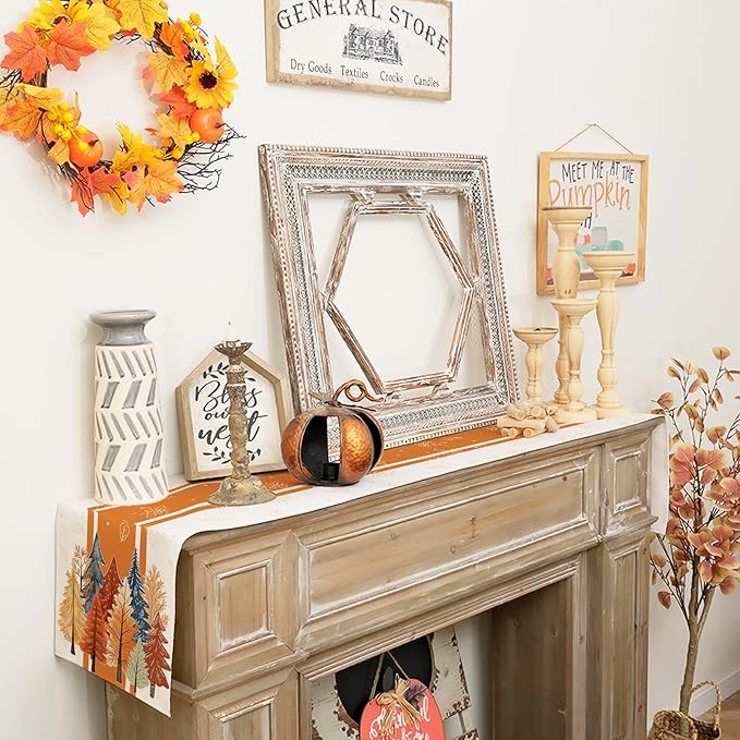 GEEORY Fall Watercolor Tree & Maple Leaves Striped Table Runner 13x36 Inch, Rustic Farmhouse Autumn Thanksgiving Decor for Kitchen, Dining, Indoor/Outdoor Holiday Dinner Party Orange GT157-36