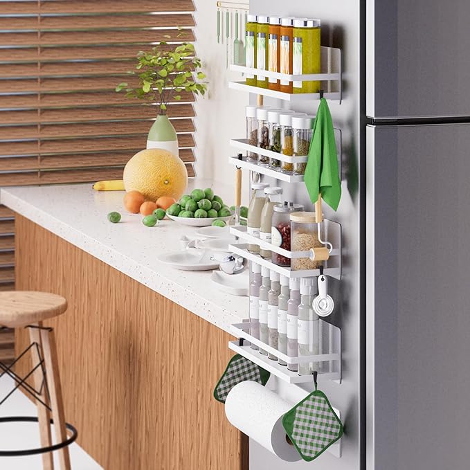 Magnetic Spice Rack Moveable Magnetic Shelf Organizer for Kitchen Refrigerator Microwave Oven Storage Rack Fridge Magnet Organizer,White,4 Packs