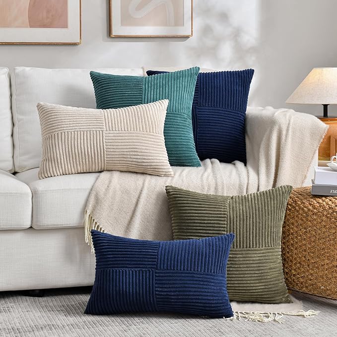 Fancy Homi 2 Packs Tan Lumbar Decorative Throw Pillow Covers 16x28 Inch for Living Room Couch Bed Sofa, Boho Home Decor, Soft Striped Corduroy Rectangle Accent Beige Cushion Case 40x70 cm