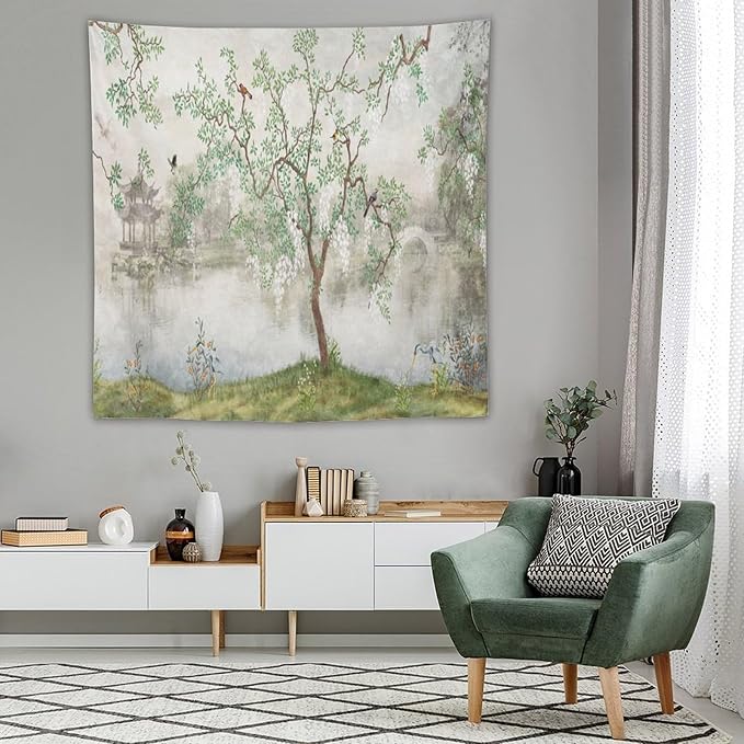 HZOHNAGO Japanese Tapestry Tree Misty Garden Lake Printed Wall Tapestry Ink Painting Wall Hanging for Bedroom Living Room Dorm 60" W x 60" H