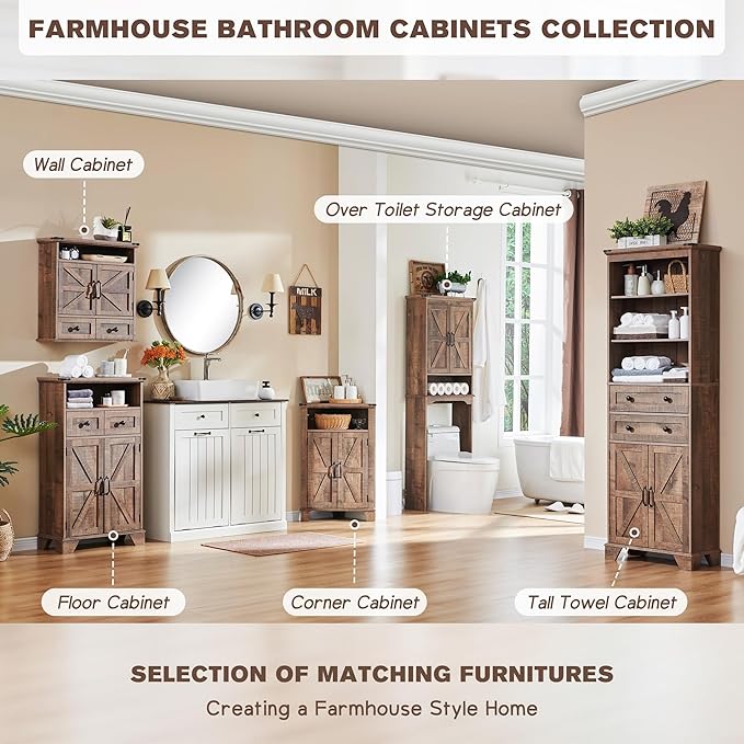Bathroom Floor Cabinet, Farmhouse 24" Wide Cabinet with Drawer, Adjustable Shelf, Barn Doors, Cabinets for Bathroom, Kitchen, Living Room, Rustic Brown