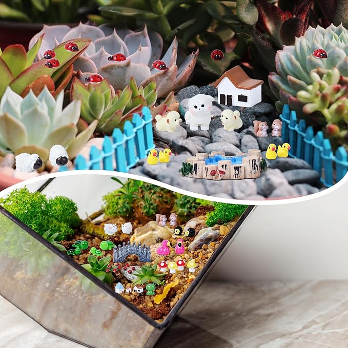 120 Pcs Fairy Garden Accessories, Micro Landscape Ornaments Kit, Mini Resin Animals with Fairy Tiny House for Home Outdoor and Plant House Decor